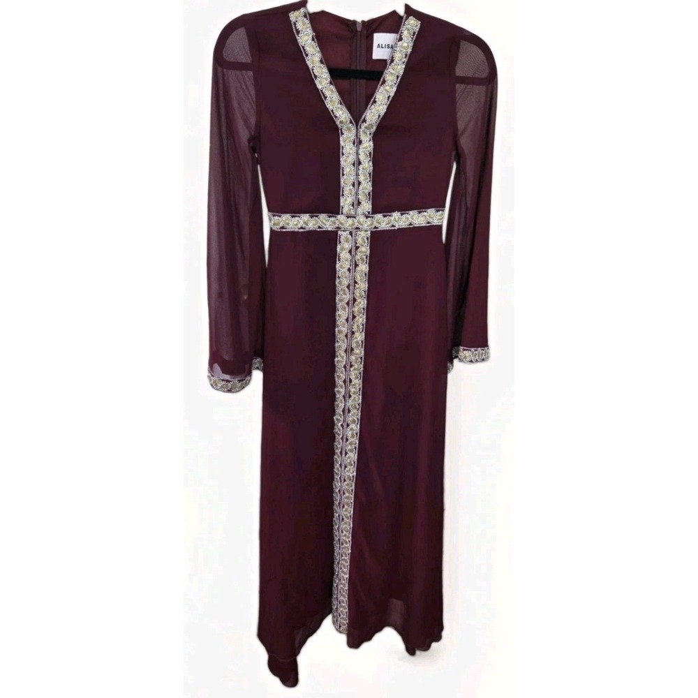 Alisa & Leo Girls Burgundy Maxi Dress Embroidered Trim Sheer Sleeve Size 12Y